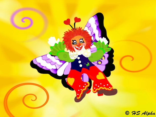 Farbenfrohe Illustration eines lustigen Clowns mit Schmetterlingsflügeln