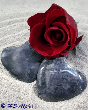 Überarbeitete Fotografie mit Malereitextur - Zwei Steinherzen verbunden durch eine rote Rose